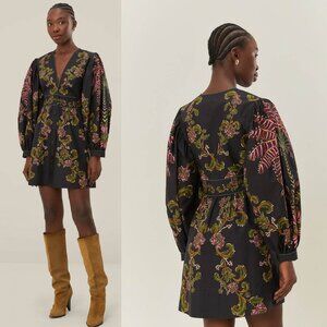 Farm Rio Black Ravenala Vneck Puff Sleeve Mini Dress